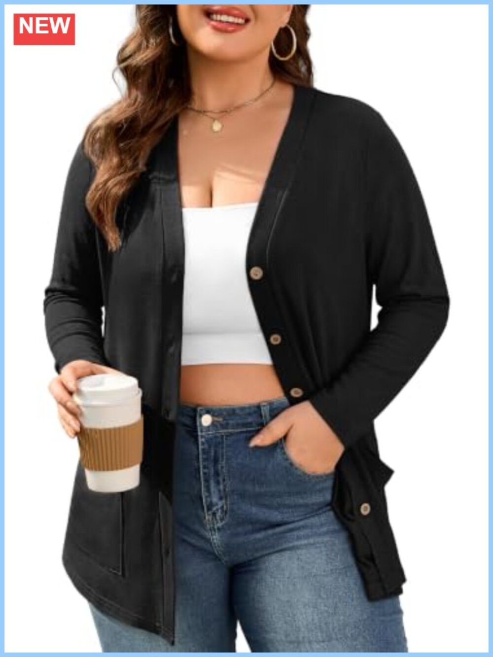 Women's Plus Size Lightweight Button V-Neck Cardigan with Pockets